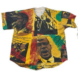 Vintage 1990s Malcolm X All Over Print Jersey Button Up Black History Sz XL USA